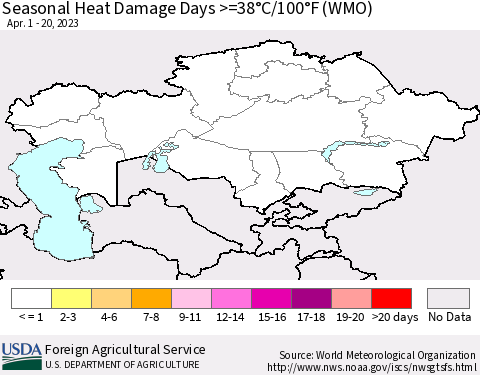 Kazakhstan Seasonal Heat Damage Days >=38°C/100°F (WMO) Thematic Map For 4/1/2023 - 4/20/2023