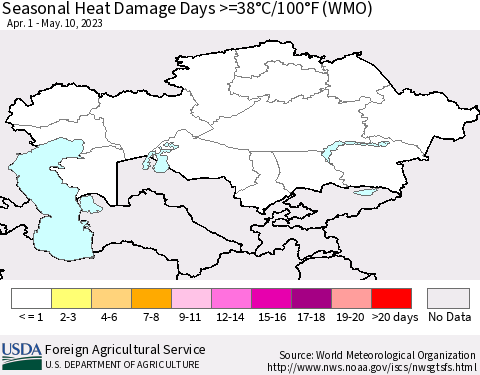 Kazakhstan Seasonal Heat Damage Days >=38°C/100°F (WMO) Thematic Map For 4/1/2023 - 5/10/2023