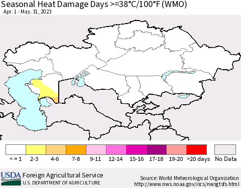 Kazakhstan Seasonal Heat Damage Days >=38°C/100°F (WMO) Thematic Map For 4/1/2023 - 5/31/2023