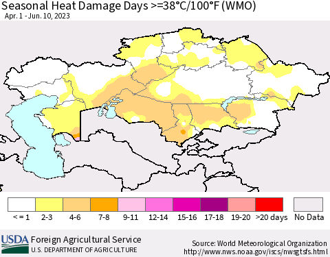 Kazakhstan Seasonal Heat Damage Days >=38°C/100°F (WMO) Thematic Map For 4/1/2023 - 6/10/2023