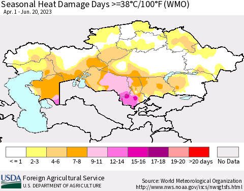 Kazakhstan Seasonal Heat Damage Days >=38°C/100°F (WMO) Thematic Map For 4/1/2023 - 6/20/2023