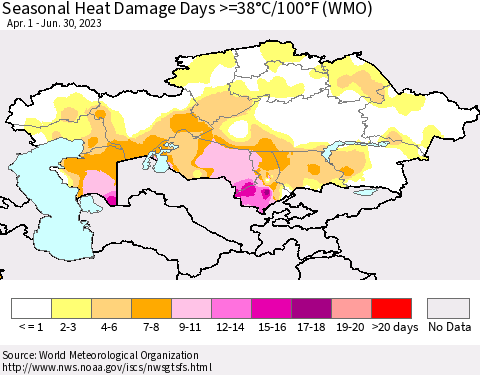Kazakhstan Seasonal Heat Damage Days >=38°C/100°F (WMO) Thematic Map For 4/1/2023 - 6/30/2023