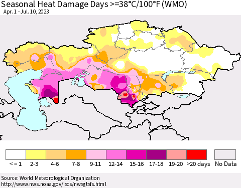 Kazakhstan Seasonal Heat Damage Days >=38°C/100°F (WMO) Thematic Map For 4/1/2023 - 7/10/2023