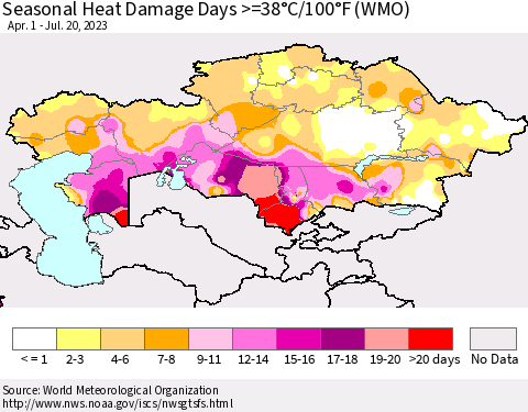 Kazakhstan Seasonal Heat Damage Days >=38°C/100°F (WMO) Thematic Map For 4/1/2023 - 7/20/2023