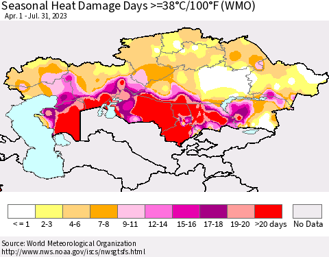 Kazakhstan Seasonal Heat Damage Days >=38°C/100°F (WMO) Thematic Map For 4/1/2023 - 7/31/2023