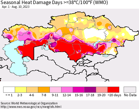 Kazakhstan Seasonal Heat Damage Days >=38°C/100°F (WMO) Thematic Map For 4/1/2023 - 8/10/2023
