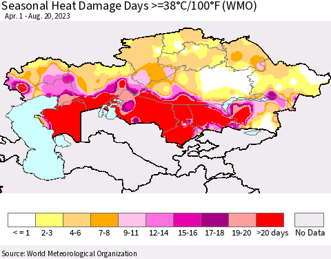 Kazakhstan Seasonal Heat Damage Days >=38°C/100°F (WMO) Thematic Map For 4/1/2023 - 8/20/2023