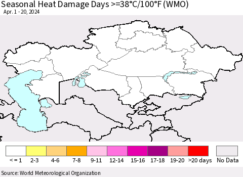 Kazakhstan Seasonal Heat Damage Days >=38°C/100°F (WMO) Thematic Map For 4/1/2024 - 4/20/2024