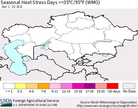 Kazakhstan Seasonal Heat Stress Days >=35°C/95°F (WMO) Thematic Map For 4/1/2021 - 4/10/2021