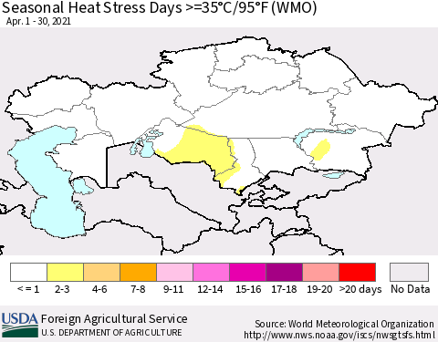 Kazakhstan Seasonal Heat Stress Days >=35°C/95°F (WMO) Thematic Map For 4/1/2021 - 4/30/2021