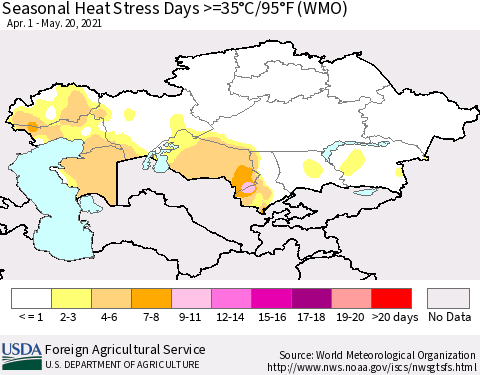 Kazakhstan Seasonal Heat Stress Days >=35°C/95°F (WMO) Thematic Map For 4/1/2021 - 5/20/2021