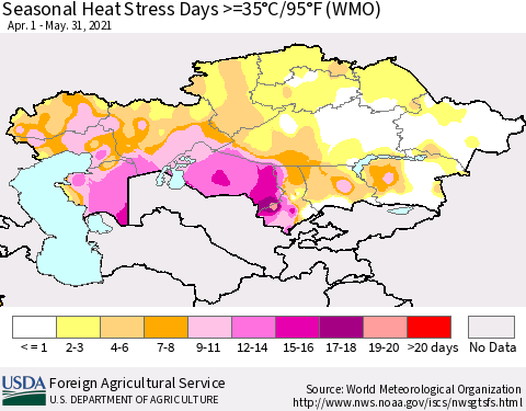 Kazakhstan Seasonal Heat Stress Days >=35°C/95°F (WMO) Thematic Map For 4/1/2021 - 5/31/2021
