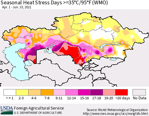 Kazakhstan Seasonal Heat Stress Days >=35°C/95°F (WMO) Thematic Map For 4/1/2021 - 6/10/2021