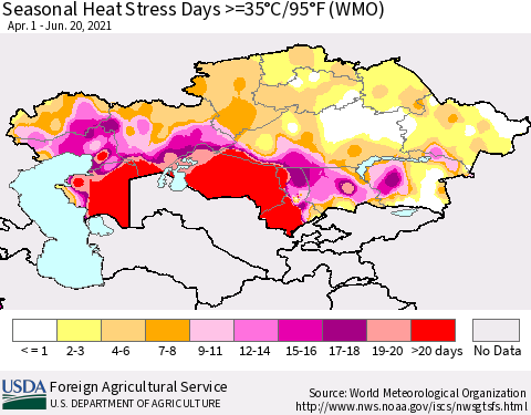 Kazakhstan Seasonal Heat Stress Days >=35°C/95°F (WMO) Thematic Map For 4/1/2021 - 6/20/2021