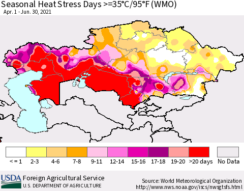 Kazakhstan Seasonal Heat Stress Days >=35°C/95°F (WMO) Thematic Map For 4/1/2021 - 6/30/2021