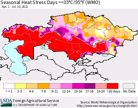 Kazakhstan Seasonal Heat Stress Days >=35°C/95°F (WMO) Thematic Map For 4/1/2021 - 7/10/2021
