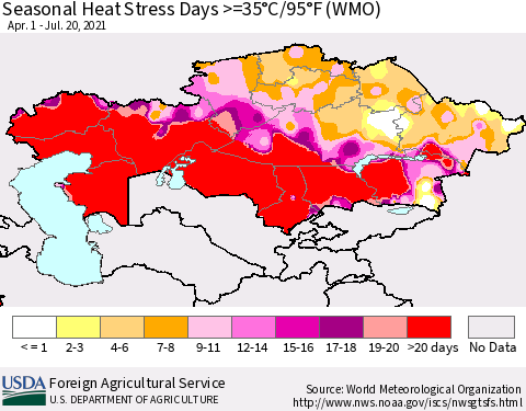 Kazakhstan Seasonal Heat Stress Days >=35°C/95°F (WMO) Thematic Map For 4/1/2021 - 7/20/2021
