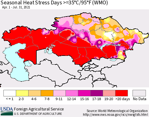 Kazakhstan Seasonal Heat Stress Days >=35°C/95°F (WMO) Thematic Map For 4/1/2021 - 7/31/2021