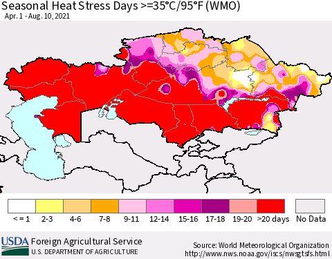 Kazakhstan Seasonal Heat Stress Days >=35°C/95°F (WMO) Thematic Map For 4/1/2021 - 8/10/2021