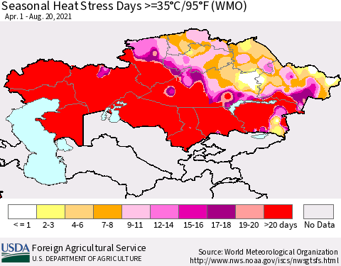 Kazakhstan Seasonal Heat Stress Days >=35°C/95°F (WMO) Thematic Map For 4/1/2021 - 8/20/2021