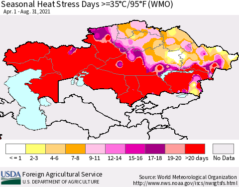 Kazakhstan Seasonal Heat Stress Days >=35°C/95°F (WMO) Thematic Map For 4/1/2021 - 8/31/2021