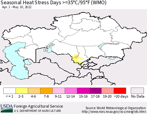 Kazakhstan Seasonal Heat Stress Days >=35°C/95°F (WMO) Thematic Map For 4/1/2022 - 5/10/2022