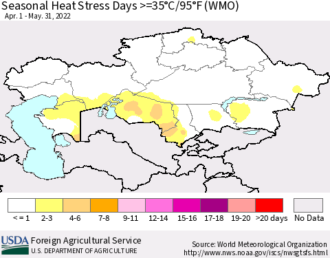 Kazakhstan Seasonal Heat Stress Days >=35°C/95°F (WMO) Thematic Map For 4/1/2022 - 5/31/2022