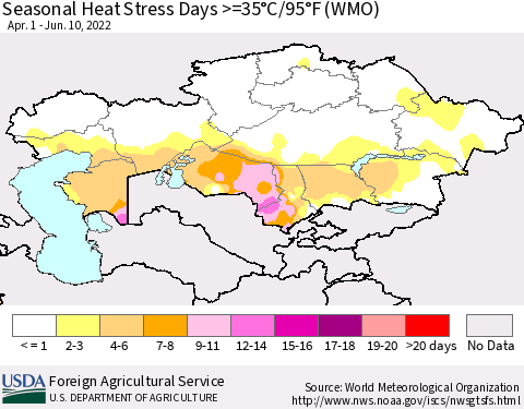Kazakhstan Seasonal Heat Stress Days >=35°C/95°F (WMO) Thematic Map For 4/1/2022 - 6/10/2022