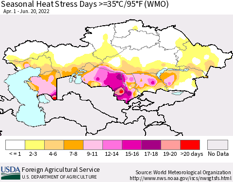 Kazakhstan Seasonal Heat Stress Days >=35°C/95°F (WMO) Thematic Map For 4/1/2022 - 6/20/2022