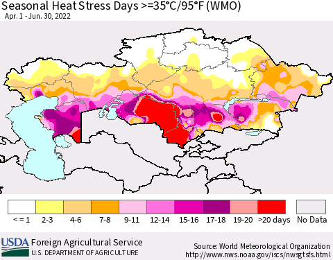 Kazakhstan Seasonal Heat Stress Days >=35°C/95°F (WMO) Thematic Map For 4/1/2022 - 6/30/2022