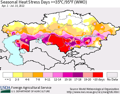 Kazakhstan Seasonal Heat Stress Days >=35°C/95°F (WMO) Thematic Map For 4/1/2022 - 7/10/2022