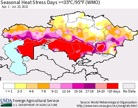 Kazakhstan Seasonal Heat Stress Days >=35°C/95°F (WMO) Thematic Map For 4/1/2022 - 7/20/2022