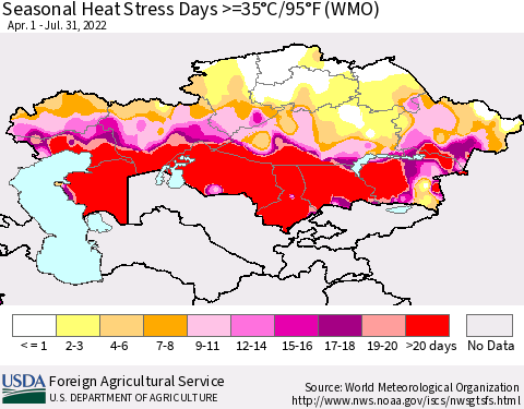 Kazakhstan Seasonal Heat Stress Days >=35°C/95°F (WMO) Thematic Map For 4/1/2022 - 7/31/2022