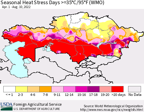 Kazakhstan Seasonal Heat Stress Days >=35°C/95°F (WMO) Thematic Map For 4/1/2022 - 8/10/2022