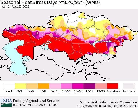 Kazakhstan Seasonal Heat Stress Days >=35°C/95°F (WMO) Thematic Map For 4/1/2022 - 8/20/2022