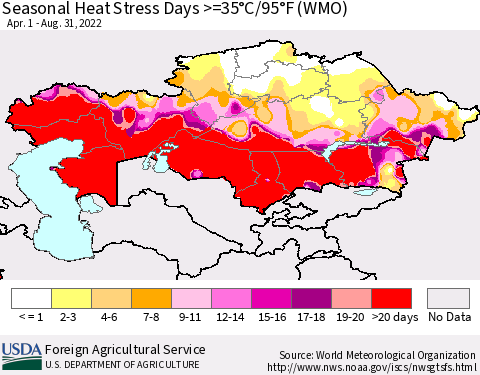 Kazakhstan Seasonal Heat Stress Days >=35°C/95°F (WMO) Thematic Map For 4/1/2022 - 8/31/2022