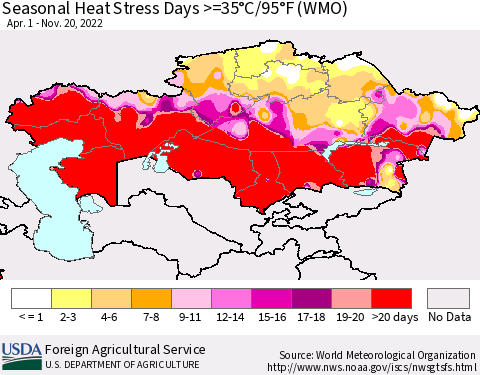 Kazakhstan Seasonal Heat Stress Days >=35°C/95°F (WMO) Thematic Map For 4/1/2022 - 11/20/2022
