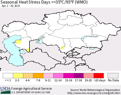 Kazakhstan Seasonal Heat Stress Days >=35°C/95°F (WMO) Thematic Map For 4/1/2023 - 4/30/2023