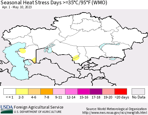 Kazakhstan Seasonal Heat Stress Days >=35°C/95°F (WMO) Thematic Map For 4/1/2023 - 5/10/2023