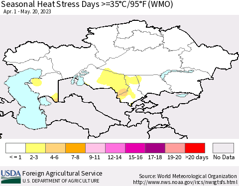 Kazakhstan Seasonal Heat Stress Days >=35°C/95°F (WMO) Thematic Map For 4/1/2023 - 5/20/2023
