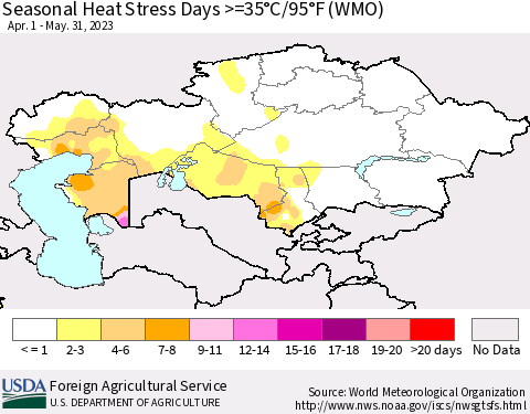 Kazakhstan Seasonal Heat Stress Days >=35°C/95°F (WMO) Thematic Map For 4/1/2023 - 5/31/2023