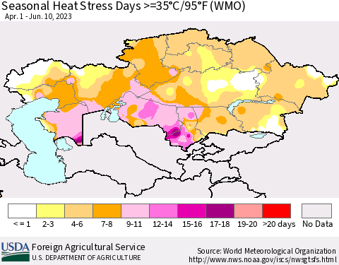 Kazakhstan Seasonal Heat Stress Days >=35°C/95°F (WMO) Thematic Map For 4/1/2023 - 6/10/2023