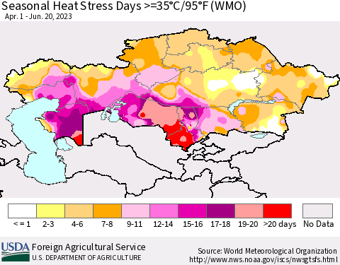 Kazakhstan Seasonal Heat Stress Days >=35°C/95°F (WMO) Thematic Map For 4/1/2023 - 6/20/2023
