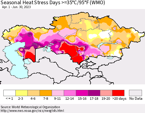 Kazakhstan Seasonal Heat Stress Days >=35°C/95°F (WMO) Thematic Map For 4/1/2023 - 6/30/2023