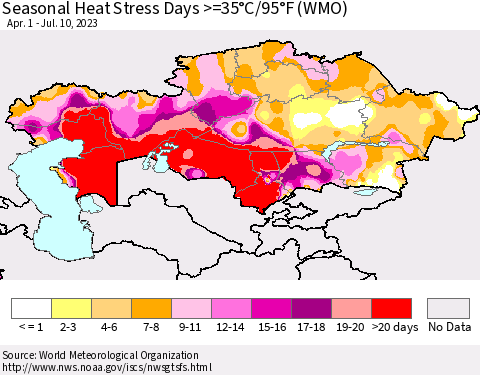 Kazakhstan Seasonal Heat Stress Days >=35°C/95°F (WMO) Thematic Map For 4/1/2023 - 7/10/2023