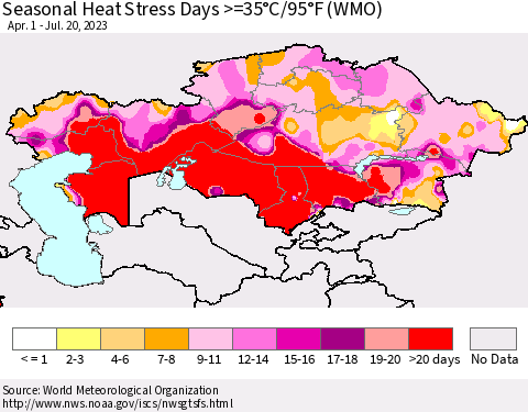 Kazakhstan Seasonal Heat Stress Days >=35°C/95°F (WMO) Thematic Map For 4/1/2023 - 7/20/2023
