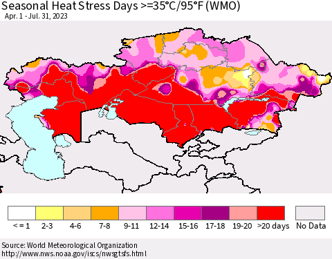Kazakhstan Seasonal Heat Stress Days >=35°C/95°F (WMO) Thematic Map For 4/1/2023 - 7/31/2023