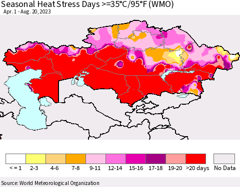 Kazakhstan Seasonal Heat Stress Days >=35°C/95°F (WMO) Thematic Map For 4/1/2023 - 8/20/2023