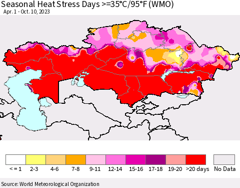 Kazakhstan Seasonal Heat Stress Days >=35°C/95°F (WMO) Thematic Map For 4/1/2023 - 10/10/2023