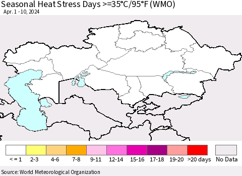 Kazakhstan Seasonal Heat Stress Days >=35°C/95°F (WMO) Thematic Map For 4/1/2024 - 4/10/2024